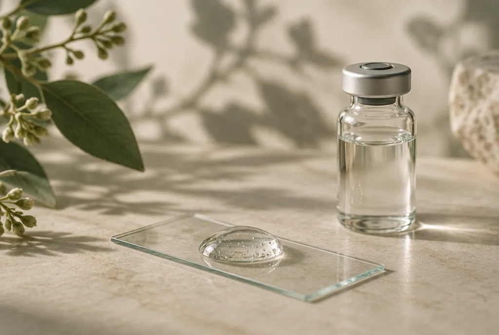 Illustrative Nahaufnahme eines transparenten Geltropfens auf Glas