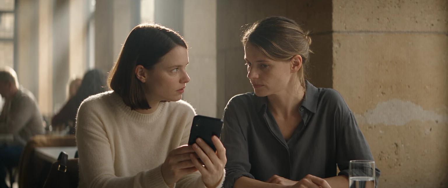 Two friends in a café question a claim on a smartphone together.